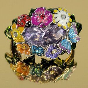 Avon Multicolor Enamel Flowers Double Finger Ring 5.5/6 Silver Tone